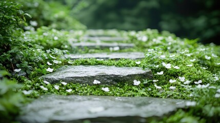 Fototapeta premium Lush greenery overgrowing stone steps natural tranquil garden scene