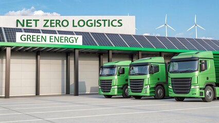 Obraz premium Green Energy Logistics Sustainable Transportation with Net Zero Emission Trucks and Solar Panels