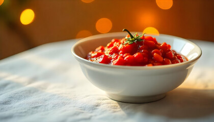 Tomato Sauce in White Bowl on Kitchen Counter.