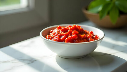 Bowl of Fresh Tomato Sauce with Bokeh Lights.