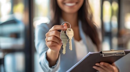 A smiling real estate agent holding a clipboard and house keys.