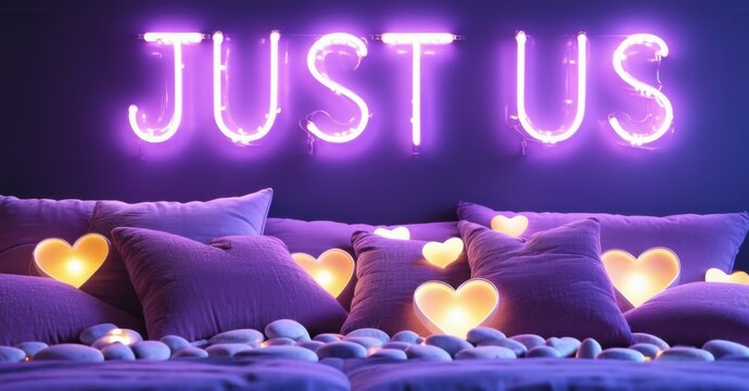 Romantic bedroom scene. Purple tones dominate, featuring pillows, glowing hearts, bright neon sign reading JUST US. Cozy, intimate atmosphere perfect for couples.