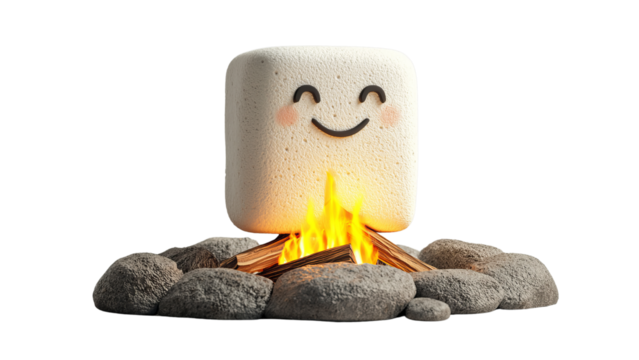 Png of A cheerful, cartoonish marshmallow sits by a cozy campfire, radiating warmth and joy in a whimsical, animated style.