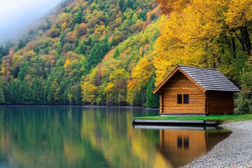Obraz premium A rustic log cabin by a peaceful lake, surrounded by autumn trees reflecting on the water