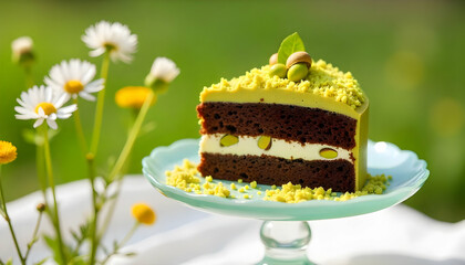 Chocolate and Pistachio Cake Slice with Flowers.
