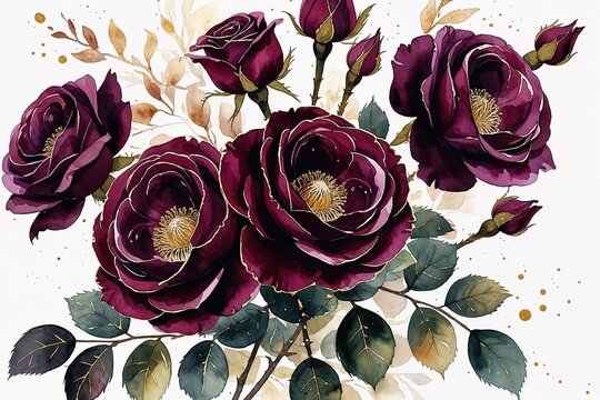 Elegant Deep Burgundy Rose Watercolor Design with Golden Accents for Timeless Decorations and Invitations