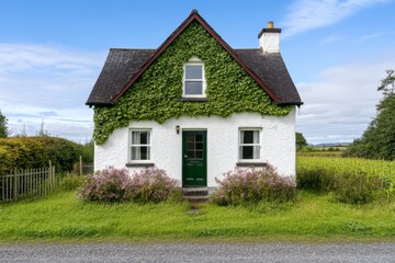 A semi-detached house covered in ivy and surrounded by a blooming garden, giving it a charming countryside feel