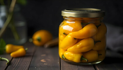 Close-Up of Sealed Jar with Yellow Peppers.

