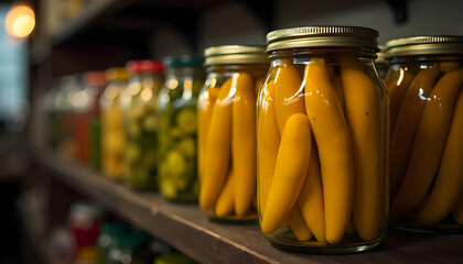 Assorted Jars of Pickled Vegetables on Shelf.

