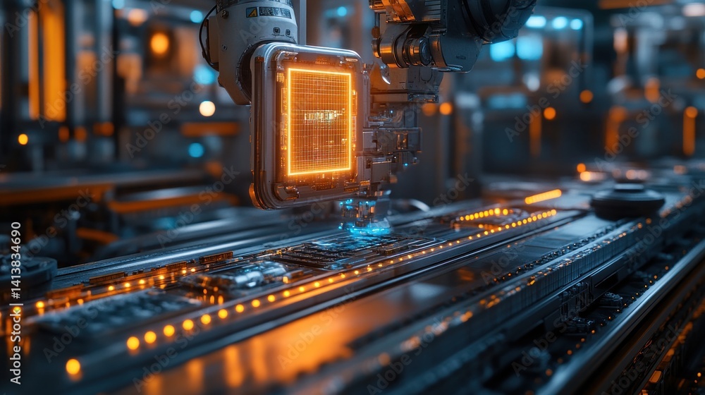 Aufkleber futuristic factory automation: high-tech robotic arm assembling circuit boards