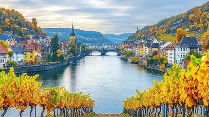 Autumnal riverside town with vibrant vineyards