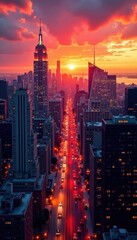 Obraz premium High angle, fiery sunset paints NYC buildings , city, pink