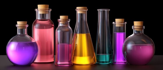 A collection of colorful glass bottles filled with vibrant liquids, showcasing various shapes and textures against a dark background.