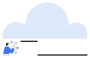Person tapping circular data icons near large blue cloud representing digital storage and connectivity. Ideal for technology, innovation, data management, cloud storage, communication, remote work