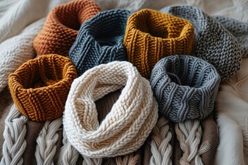 Obraz premium Cozy Knitted Scarves Displayed on Soft Warm Fabric Background