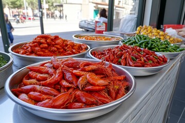 A street market in Barcelona, filled with fresh fruits, seafood, and vibrant spices