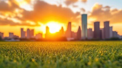 Sunrise over a city park. Lush green grass foregrounds a vibrant sunset over a blurred city skyline