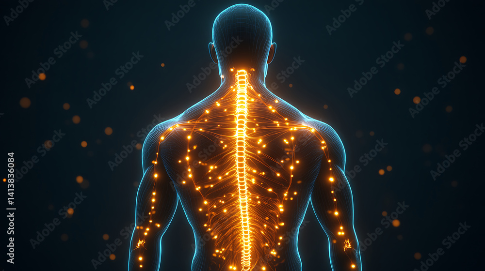 Poster human anatomy neural network medical visualization artwork back view showing spine and glowing nerve
