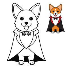 Adorable corgi dog dressed in a vampire Halloween costume, complete with a tiny cape and fangs, striking a spooky yet cute pose for the festive season.