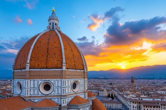 A sunset view of Florence&acirc;&euro;&trade;s Cathedral dome (Duomo di Firenze), glowing in warm orange light
