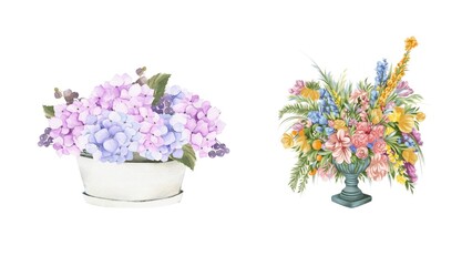 Two elegant flower bouquets isolated on a white background, perfect for wedding invitations, greeting cards, or floral-themed design projects.