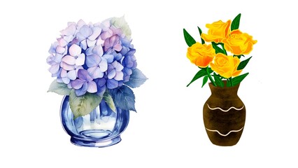 Two elegant flower bouquets isolated on a white background, perfect for wedding invitations, greeting cards, or floral-themed design projects.