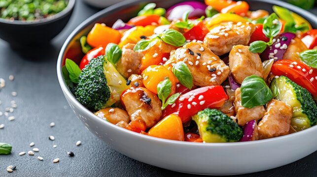 Delicious chicken and vegetable stir fry recipe food photography