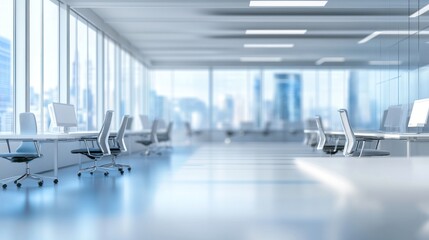 Fototapeta premium modern office space showcasing cleanliness and minimalist design with sleek workstations bathed in natural light and featuring a blurred cityscape backdrop for corporate appeal