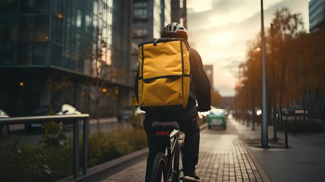 Bicycle courier with yellow bag rides to deliver order