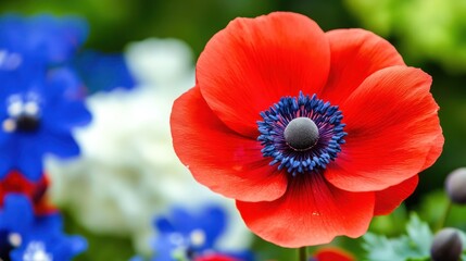 Red anemone blossom, garden blooms, blurred background, spring floral design