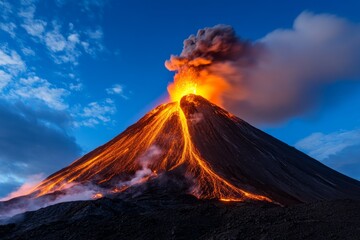 A volcano erupting in Chile, lava glowing against the dark night sky