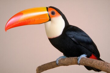 Obraz premium A wild toucan sitting on a tree branch in the Amazon, its large beak vibrant with color