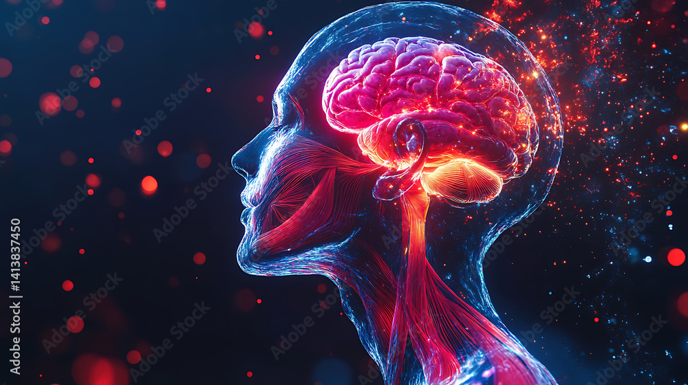 Poster conceptual human brain with glowing neural network illustration and anatomical structure with futuri