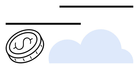 Coin with dollar sign, cloud, and connecting lines symbolize cloud storage, digital finance, innovation. Ideal for finance, technology, cloud services, apps fintech savings simple landing page