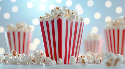 Freshly popped popcorn in a container on a white background