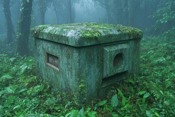 Fototapeta premium An abandoned fortress hidden deep in the Amazon jungle, overgrown with vines and surrounded by mist