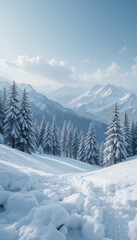 Obraz premium Serene snow covered mountain path glows softly under bright winter sunlight. AI Generated