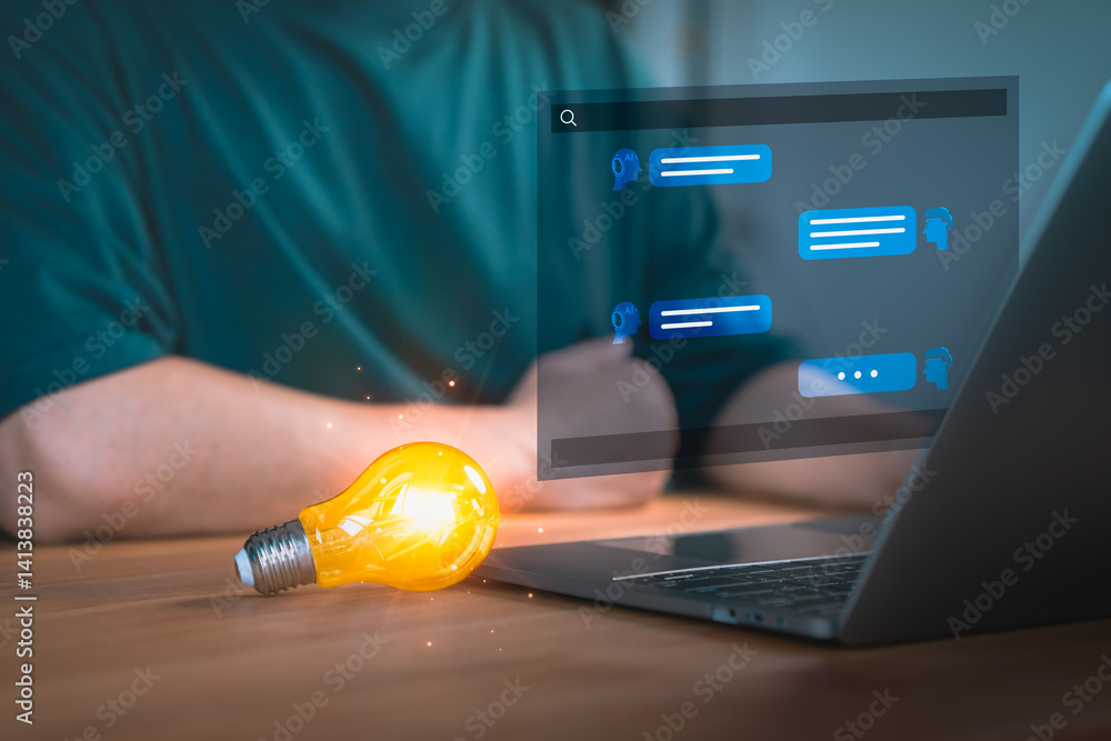 Aufkleber man using a laptop chatting on application with ai, a glowing light bulb beside a laptop symbolizes 