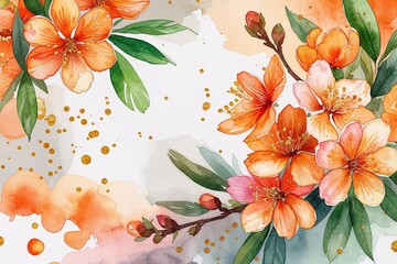 Vibrant Watercolor Background with Orange Floral Accents and Gold Details for Chic Designs and Elegant Invitations