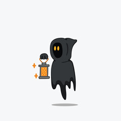 Cute Cartoon Ghost Holding Lantern Vector Illustration