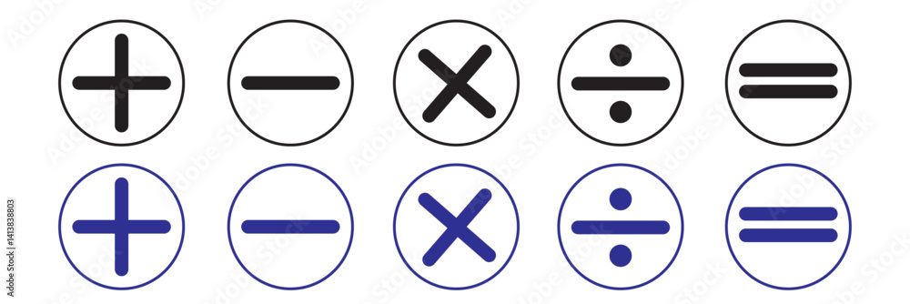 Poster set of math icons. colorful variety arithmetic plus, minus, equal, multiply and divide signs isolate