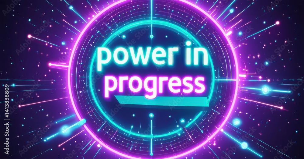 Leinwandbilder Bright neon design features text power in progress within circular glowing elements. Vibrant purple background with light streaks.