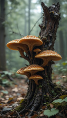 Fototapeta premium Golden Mushrooms Cluster on Decaying Tree Stump Soft Light. AI Generated