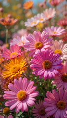 Fototapeta premium Vibrant pink daisies bask in warm sunlight a cheerful floral arrangement. AI Generated