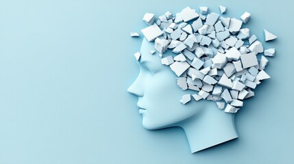 Shattered mind concept.  A light blue head profile with a fractured, white brain