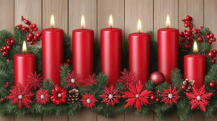 Festive Christmas candle arrangement.  Red candles nestled in a garland of greenery, berries, and snowflakes, creating a warm, holiday ambiance