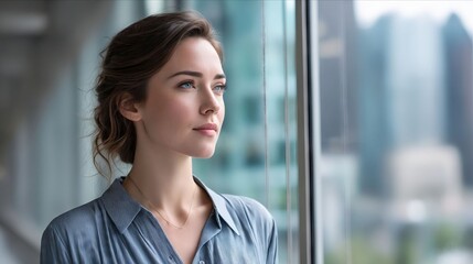 Fototapeta premium A woman looking out of a window with a cityscape in the background