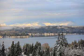 Bremerton, Washington State, Usa. Autumn snow, Puget Sound, Olympic Mountains and Dyes Inlet