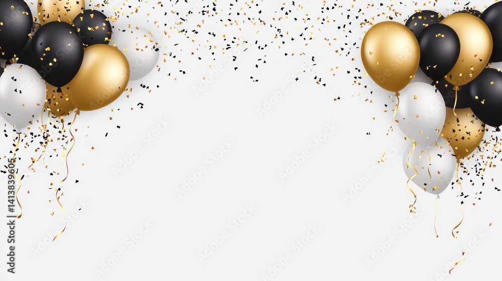 Poster festive backdrop with an elegant array of gold black and white balloons cascading amidst shimmering 