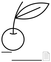 Cherry with a leaf in bold line art beside a document icon and geometric lines. Ideal for creativity, simplicity, health, growth, nature, productivity, minimal aesthetics, flat simple metaphor